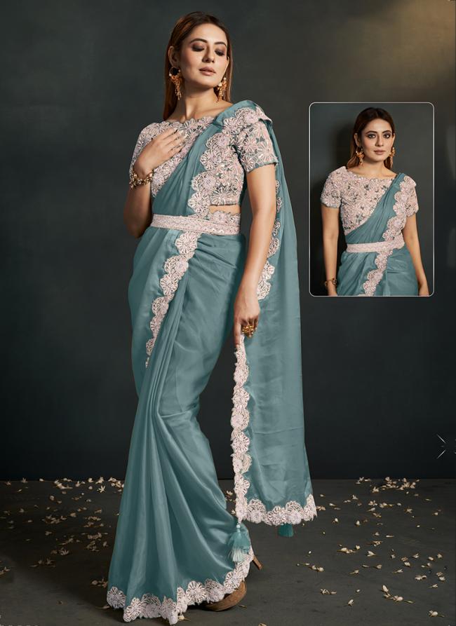 Crepe Silk Teal Party Wear Embroidery Work Readymade Saree